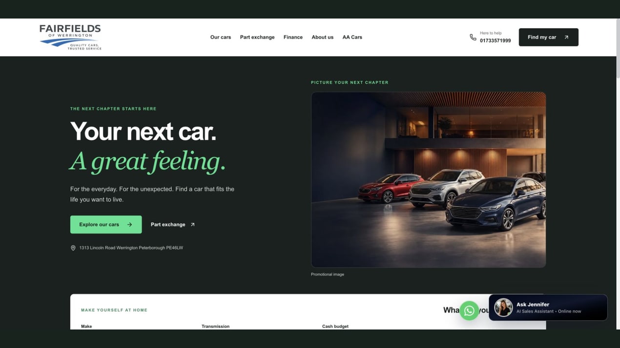 Fairfields of Werrington homepage, with its green and charcoal design and Your next car. A great feeling. headline.