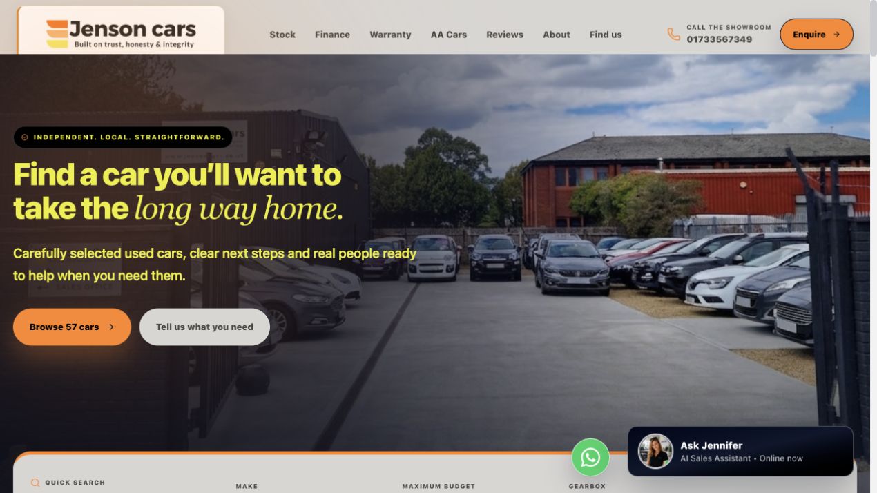 Jenson Cars website, with its yellow and orange branding and forecourt photograph.