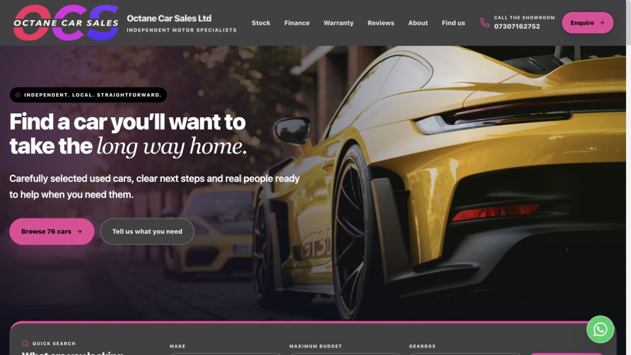 Octane Car Sales website, with bold magenta branding and a yellow Porsche.