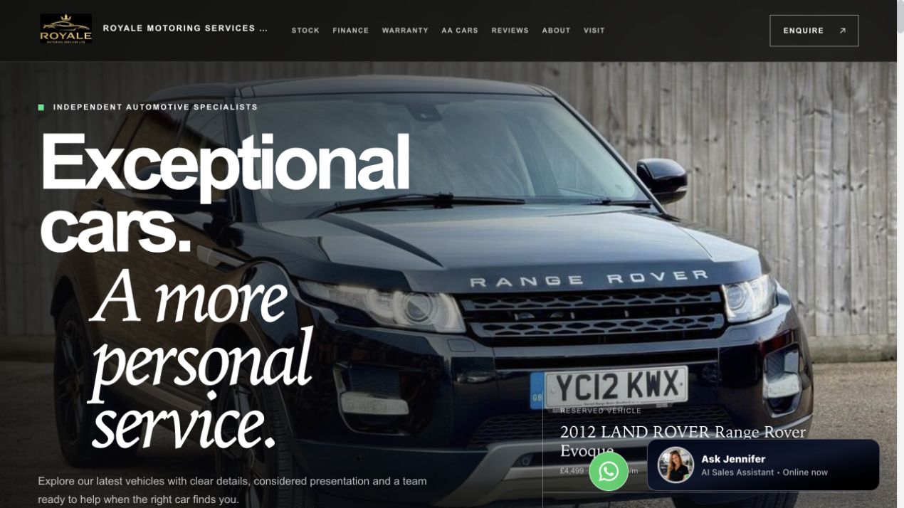 Royale Motoring homepage, with a full-width Range Rover photograph, bold typography and its black and gold identity.