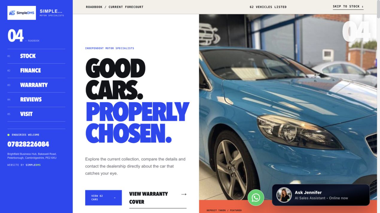 SimpleDMS stock demo with electric-blue side navigation, bold Good cars. Properly chosen. typography and a featured Volvo.