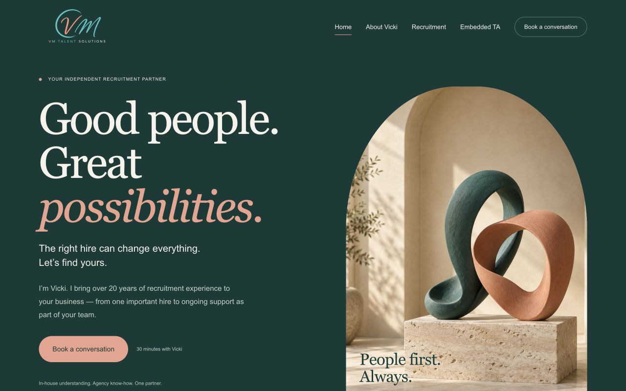 VM Talent Solutions: a personal recruitment website in warm teal and coral.